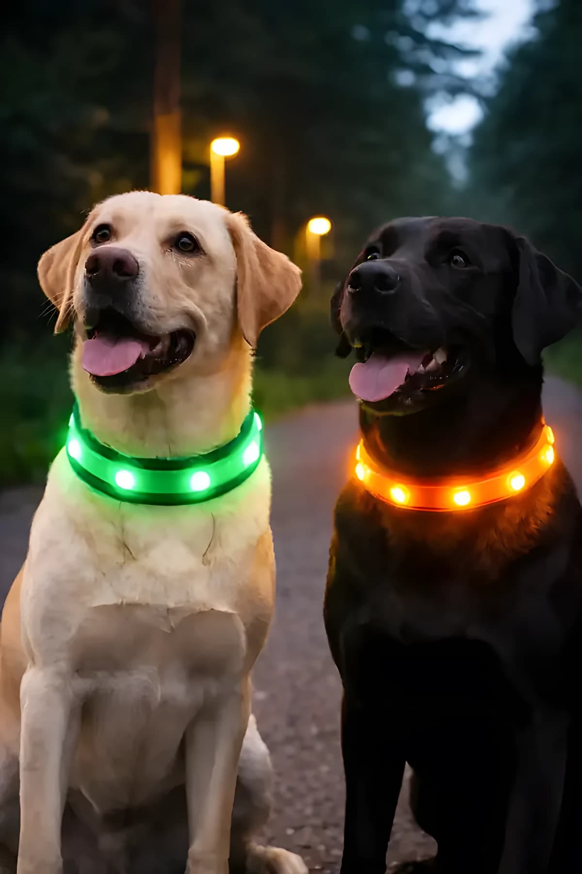 LED obojok pre psa v tme – dvaja psi s LED obojkami pri večernej prechádzke