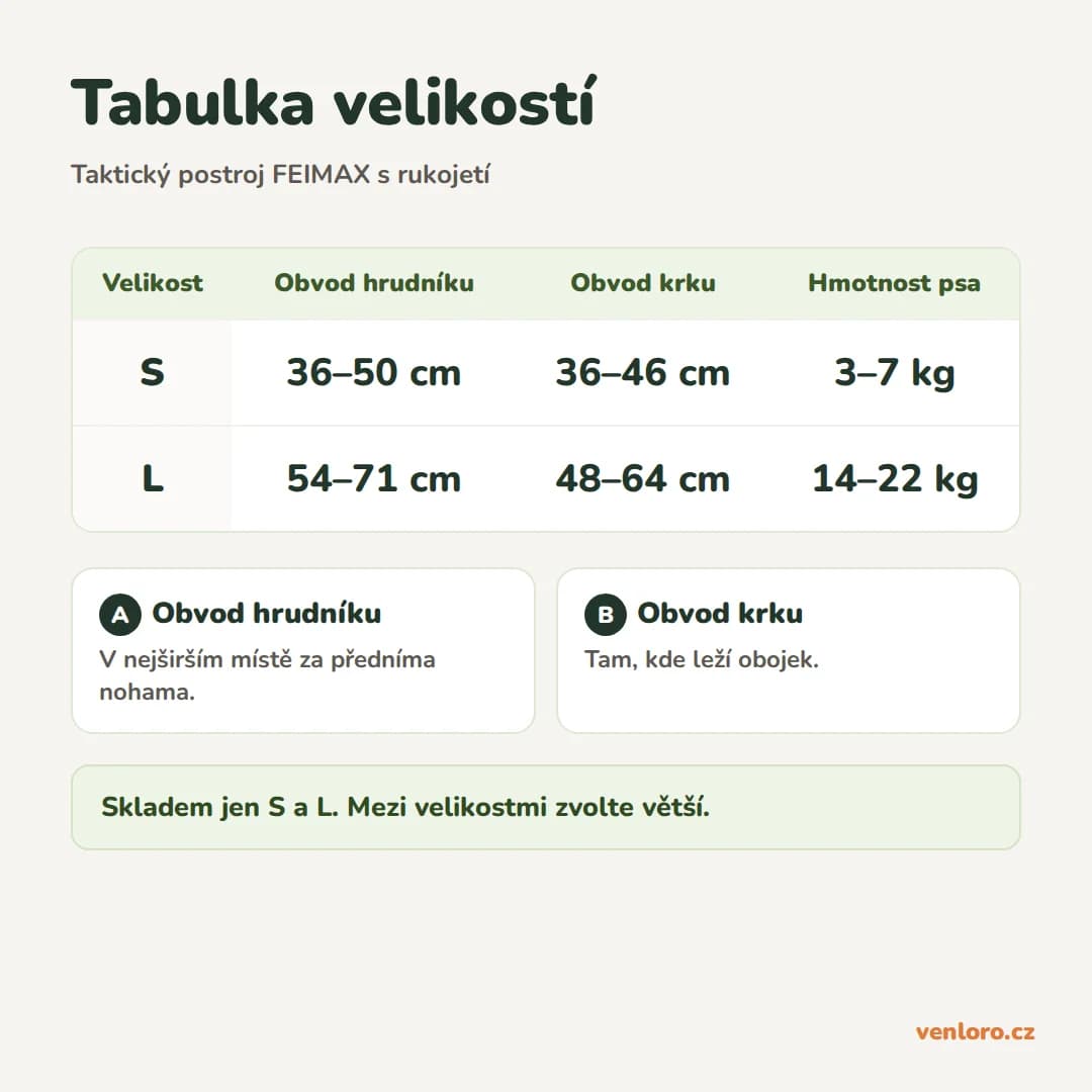 Taktický postroj pro psy FEIMAX s rukojetí, černý – Tabulka velikostí