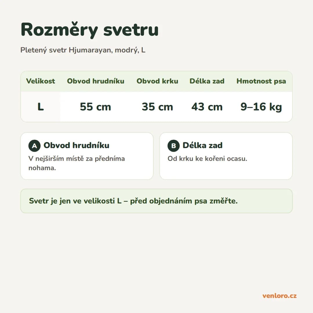 Outlet - Lehký pletený svetr pro psy Hjumarayan, modrý, L – Rozměry svetru