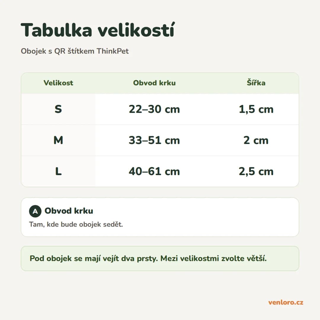 Obojek pro psy s QR štítkem ThinkPet, nastavitelný, S a M – Tabulka velikostí