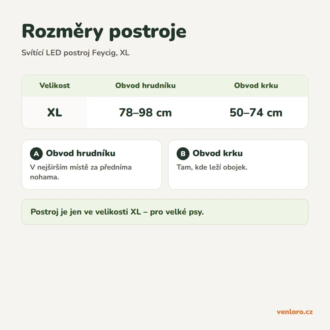 Dobíjecí svítící LED postroj pro psy Feycig, tmavě modrý, XL – Rozměry postroje