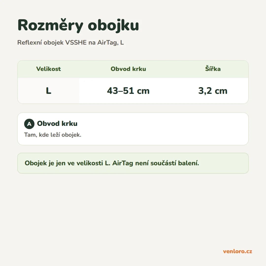 Reflexní obojek pro psy VSSHE s pouzdrem na AirTag, černý, L – Rozměry obojku
