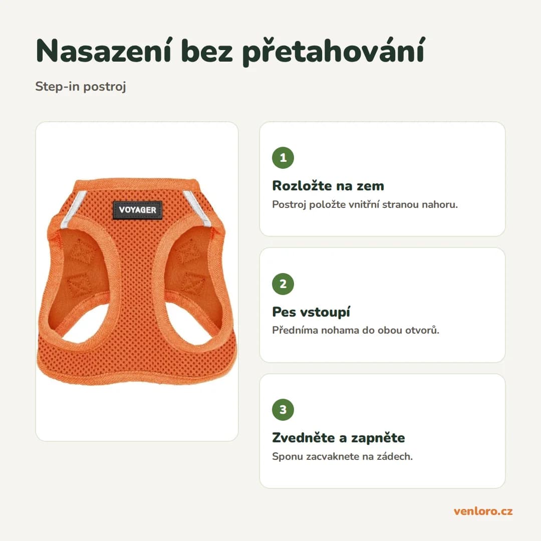 Síťovaný step-in postroj pro psy Voyager Step-In Air, oranžový, L – Nasazení bez přetahování
