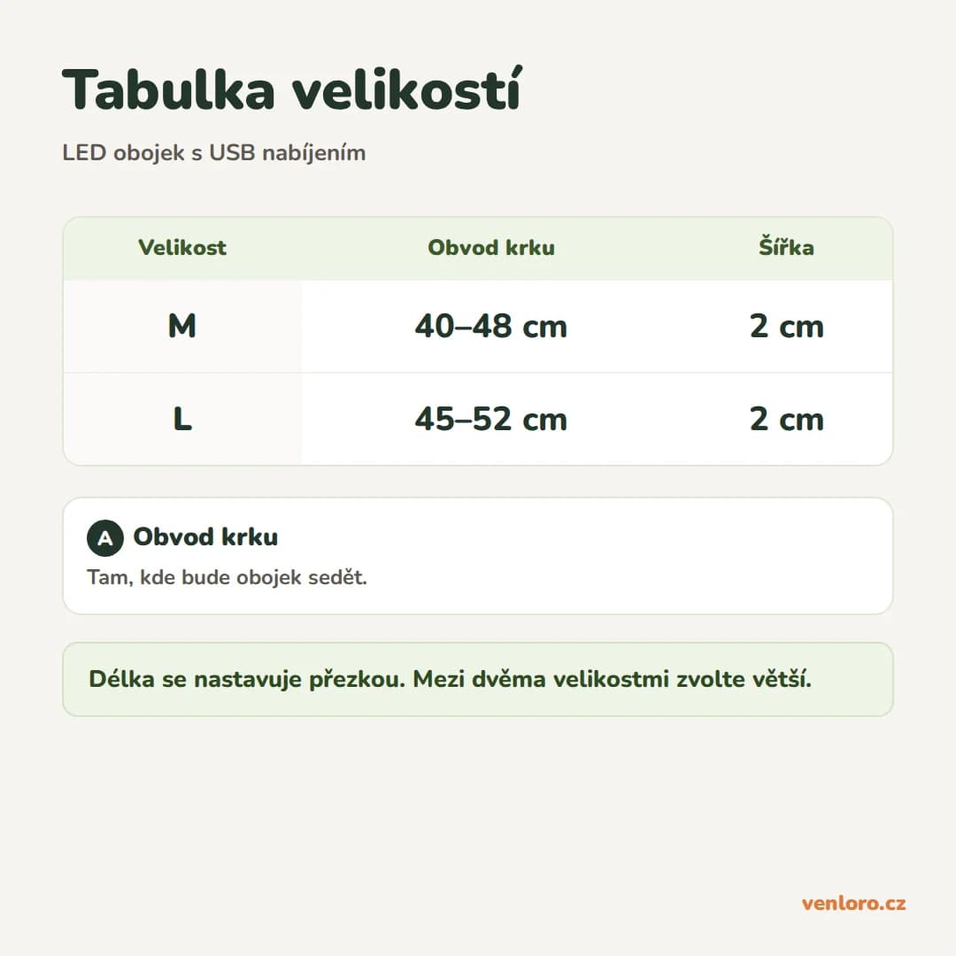 LED obojek pro psy s USB nabíjením, 3 režimy svícení, M a L – Tabulka velikostí