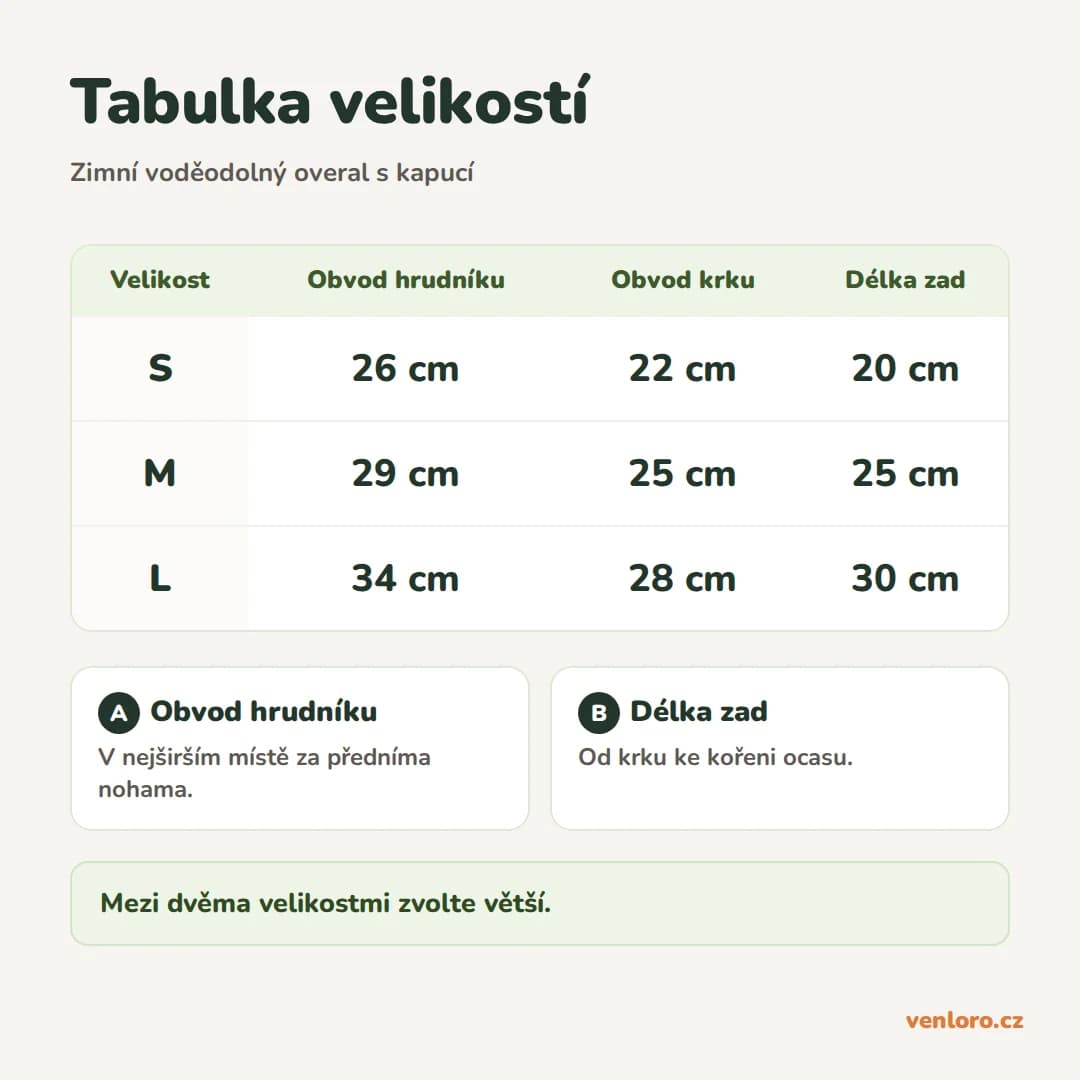 Zimní voděodolný overal pro psy s kapucí a zipem na zádech, S–L – Tabulka velikostí