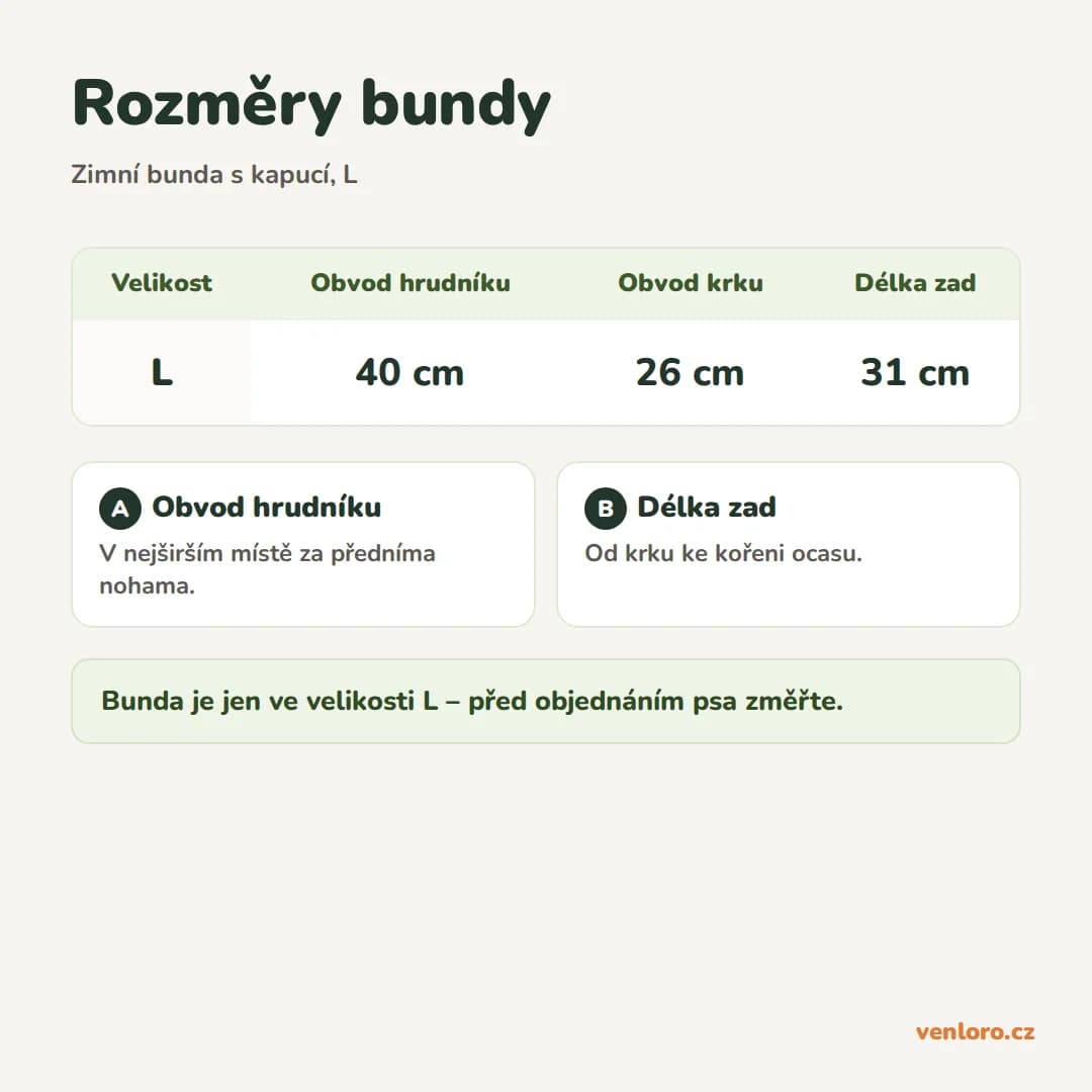 Teplá zimní bunda pro psy s kapucí a zapínáním na knoflíky, L – Rozměry bundy