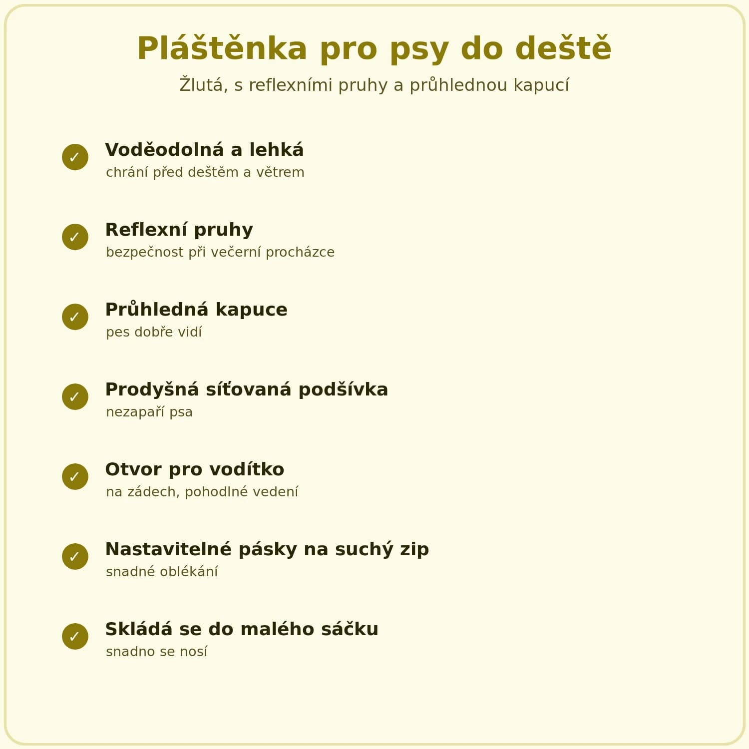 Vlastnosti pláštěnky pro psy: voděodolná, reflexní pruhy, průhledná kapuce