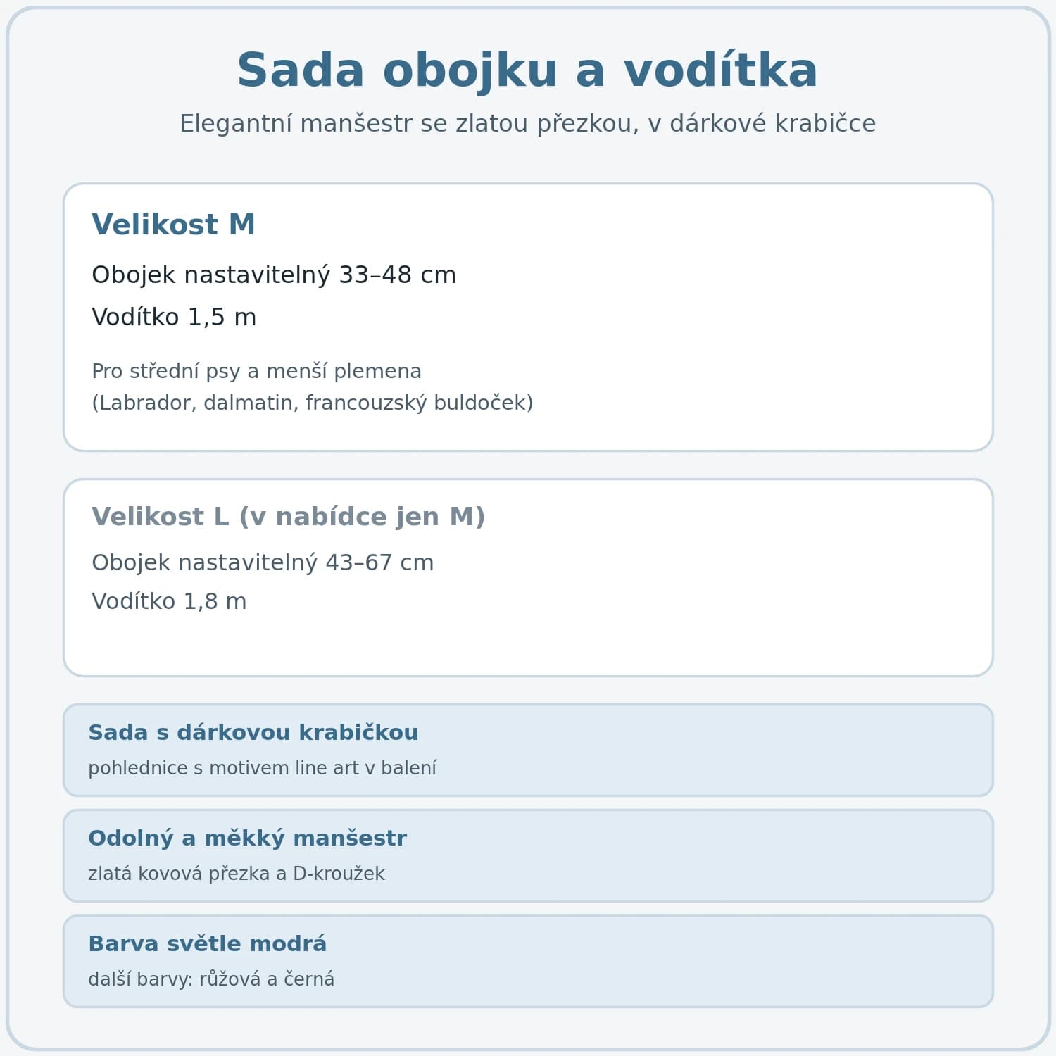 Velikosti a vlastnosti sady obojku a vodítka aicanis M a L