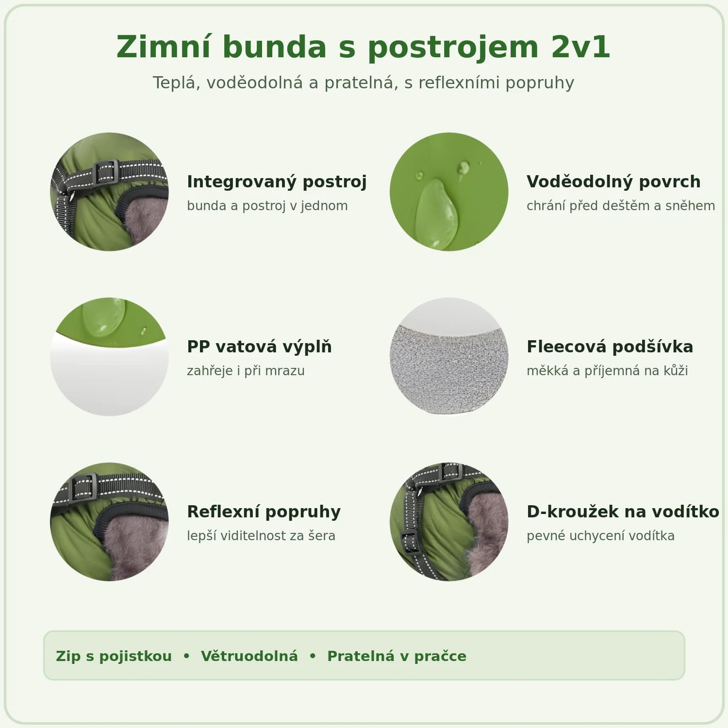 Vlastnosti zimní bundy pro psy s postrojem: voděodolná, fleecová podšívka, reflexní popruhy