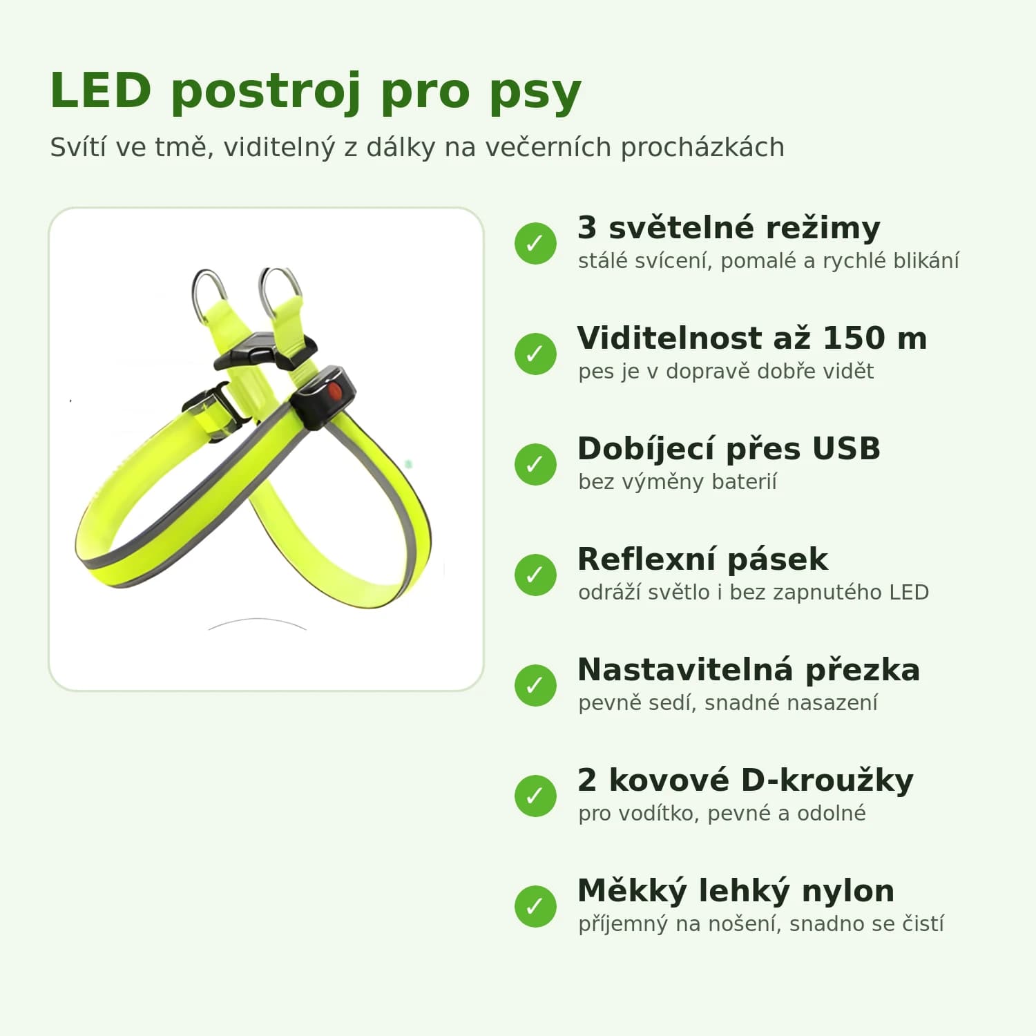 Vlastnosti LED postroje pro psy: 3 světelné režimy, USB, viditelnost 150 m