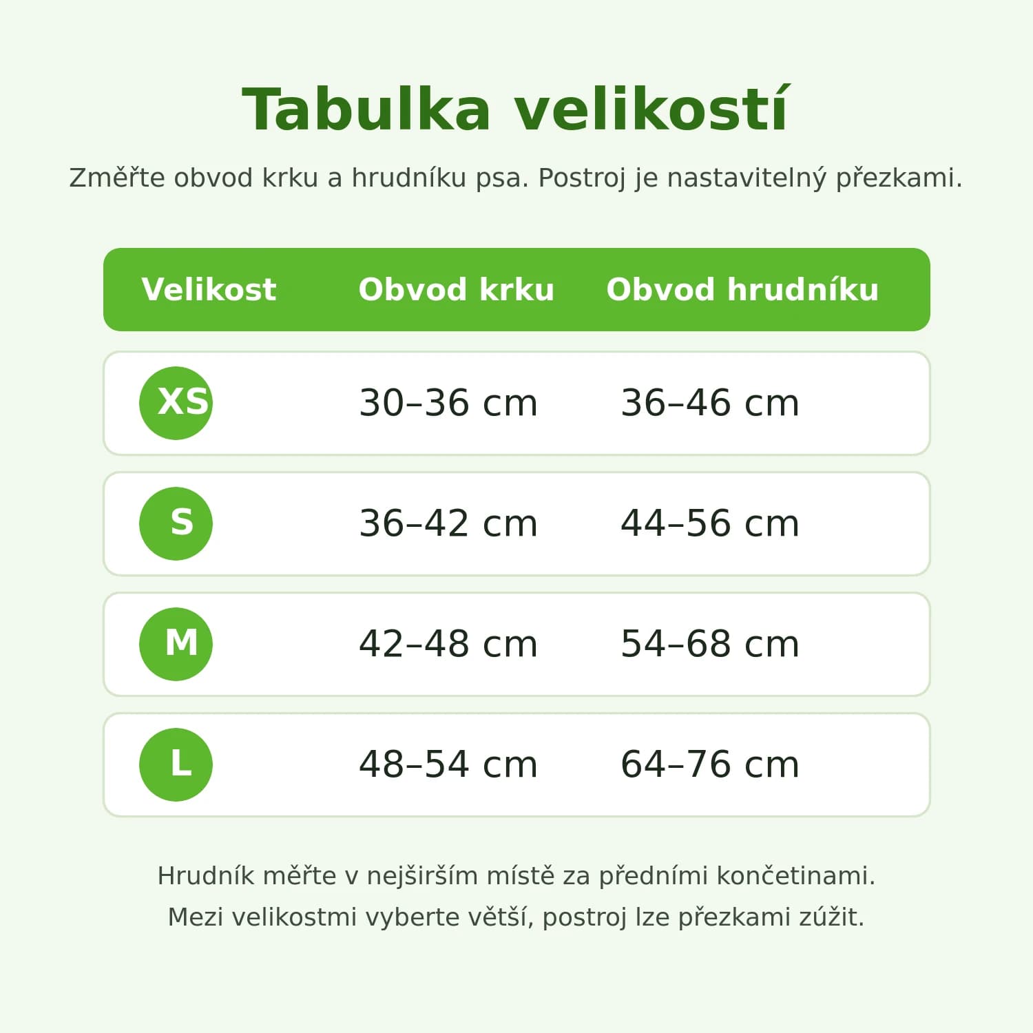 Tabulka velikostí LED postroje pro psy XS, S, M, L
