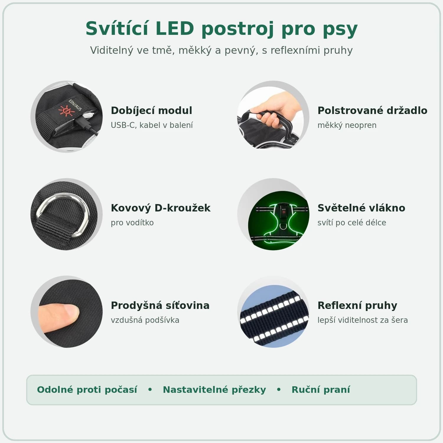Vlastnosti svítícího LED postroje pro psy: USB-C, držadlo, D-kroužek, reflexní pruhy