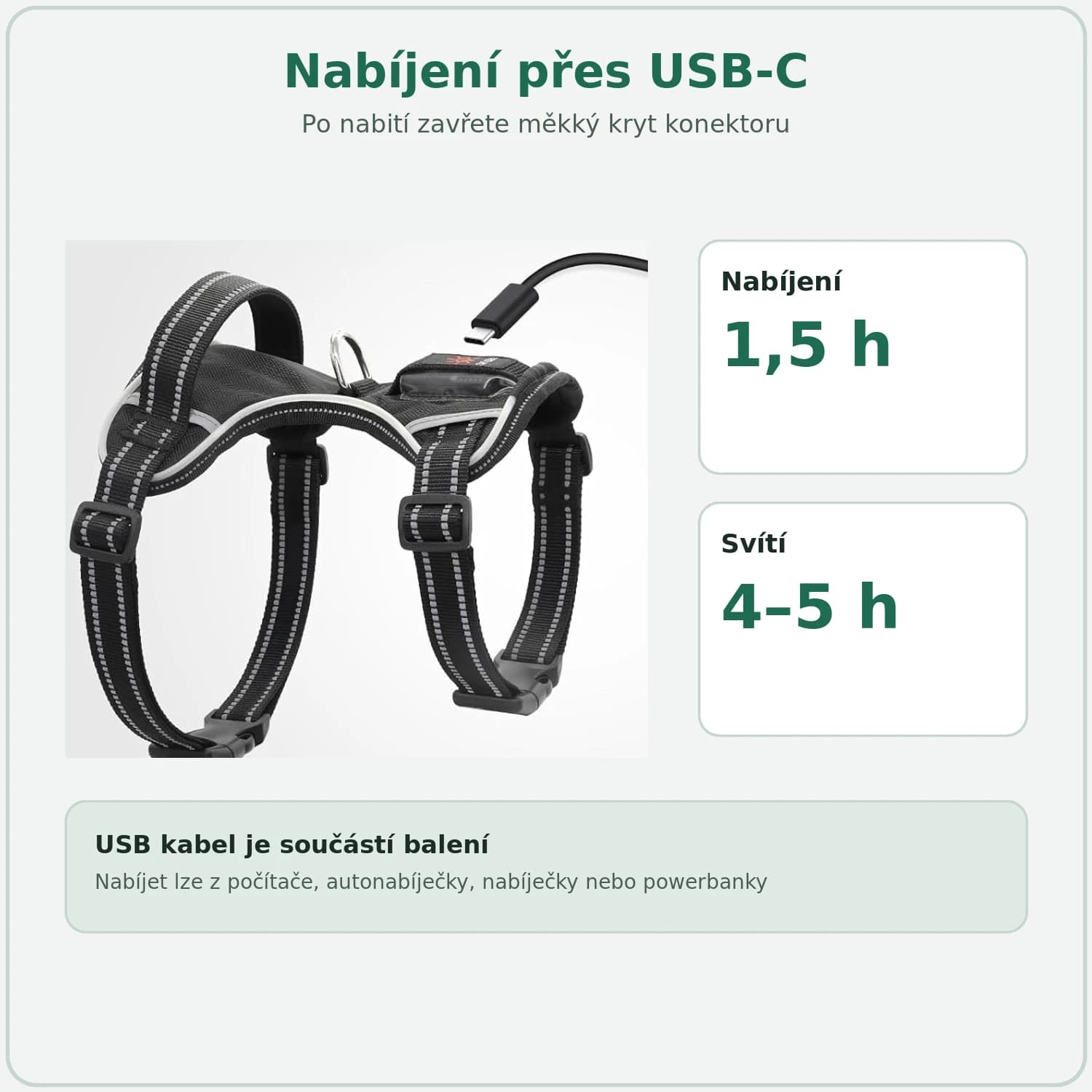 Nabíjení LED postroje přes USB-C: 1,5 hodiny nabíjení, 4–5 hodin svícení