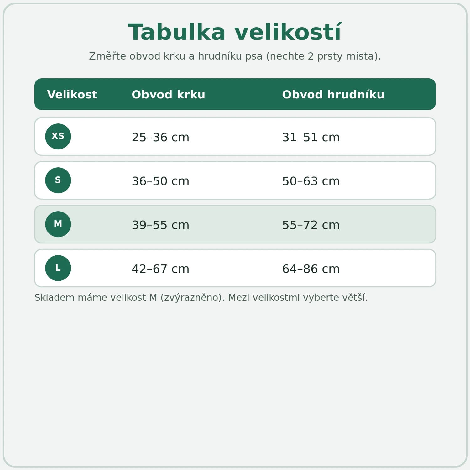 Tabulka velikostí LED postroje pro psy XS až L