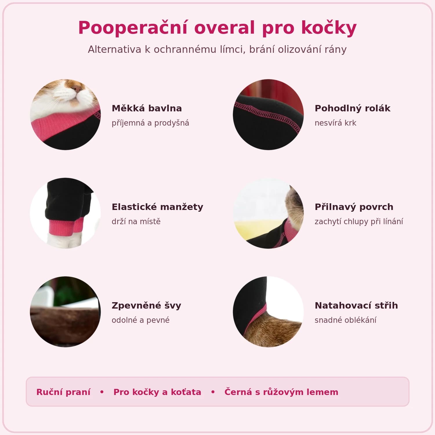 Vlastnosti pooperačního overalu pro kočky: měkká bavlna, rolák, elastické manžety