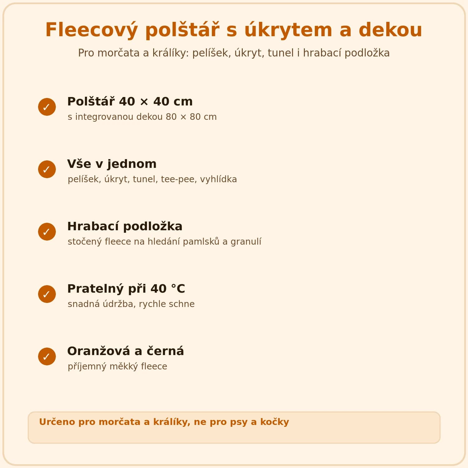Vlastnosti fleecového polštáře s úkrytem pro morčata a králíky