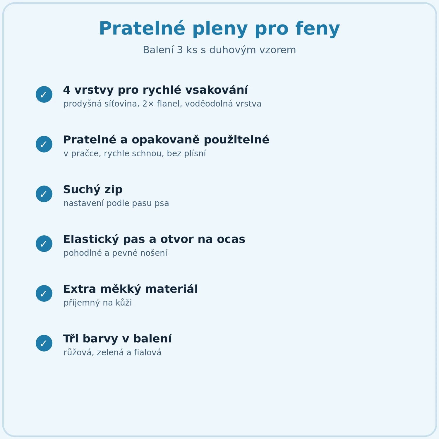 Vlastnosti pratelných plen pro feny: 4 vrstvy, suchý zip, pratelné