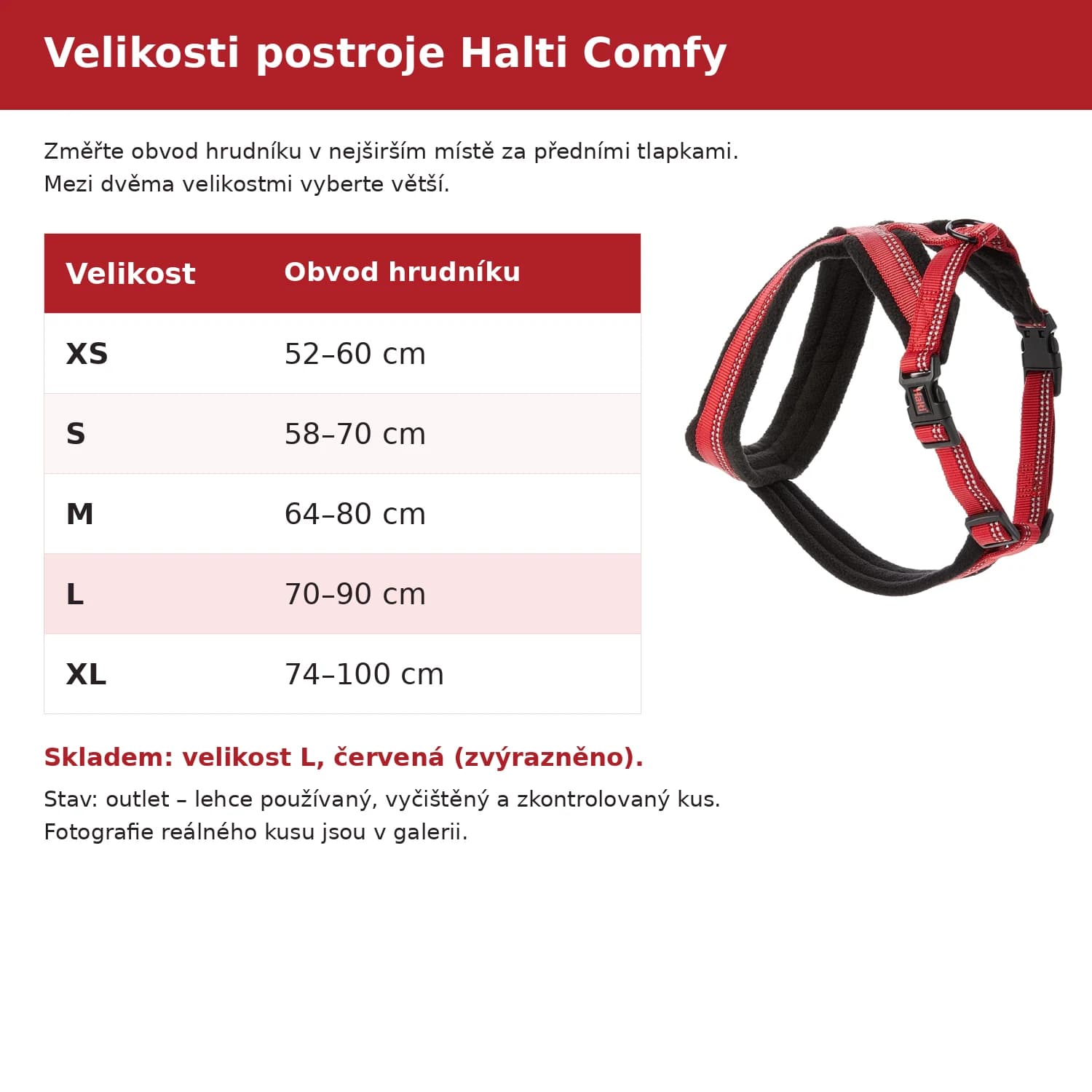 Velikosti postroje Halti Comfy XS–XL podle obvodu hrudníku, skladem L