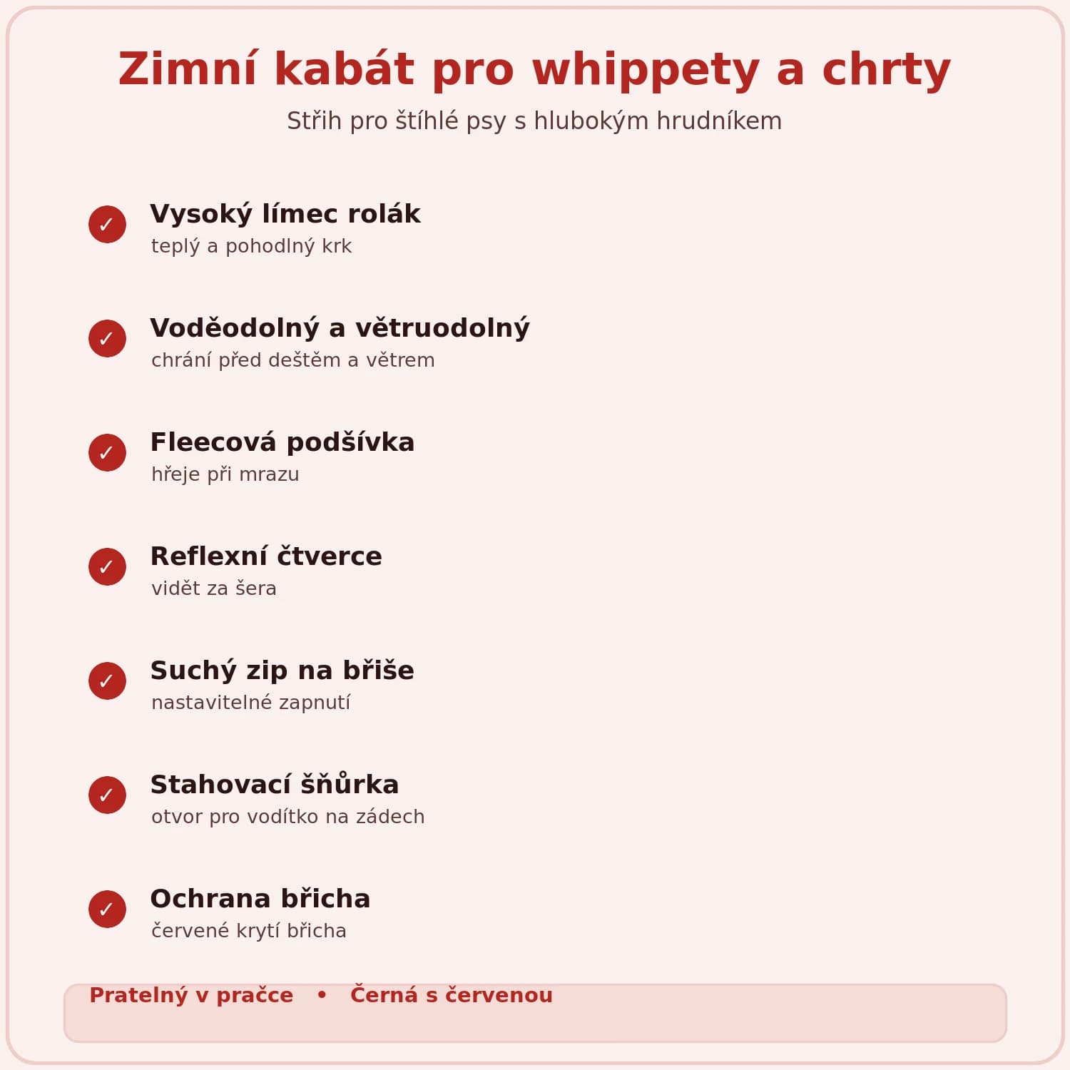 Vlastnosti zimního kabátu pro whippety a chrty: rolák, voděodolný, fleecová podšívka