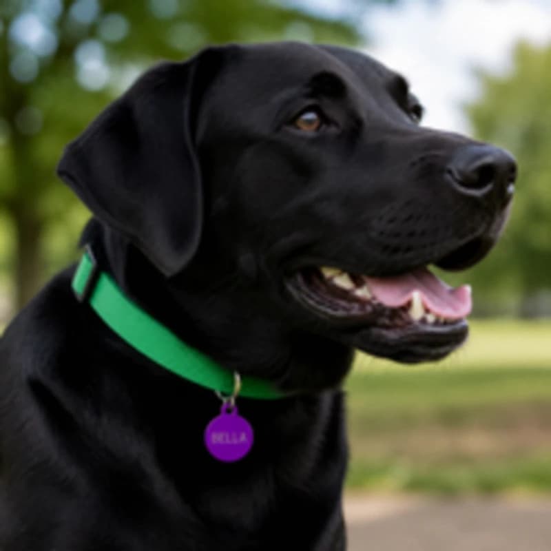Černý labrador s fialovou kulatou známkou z hliníku s gravírováním BELLA