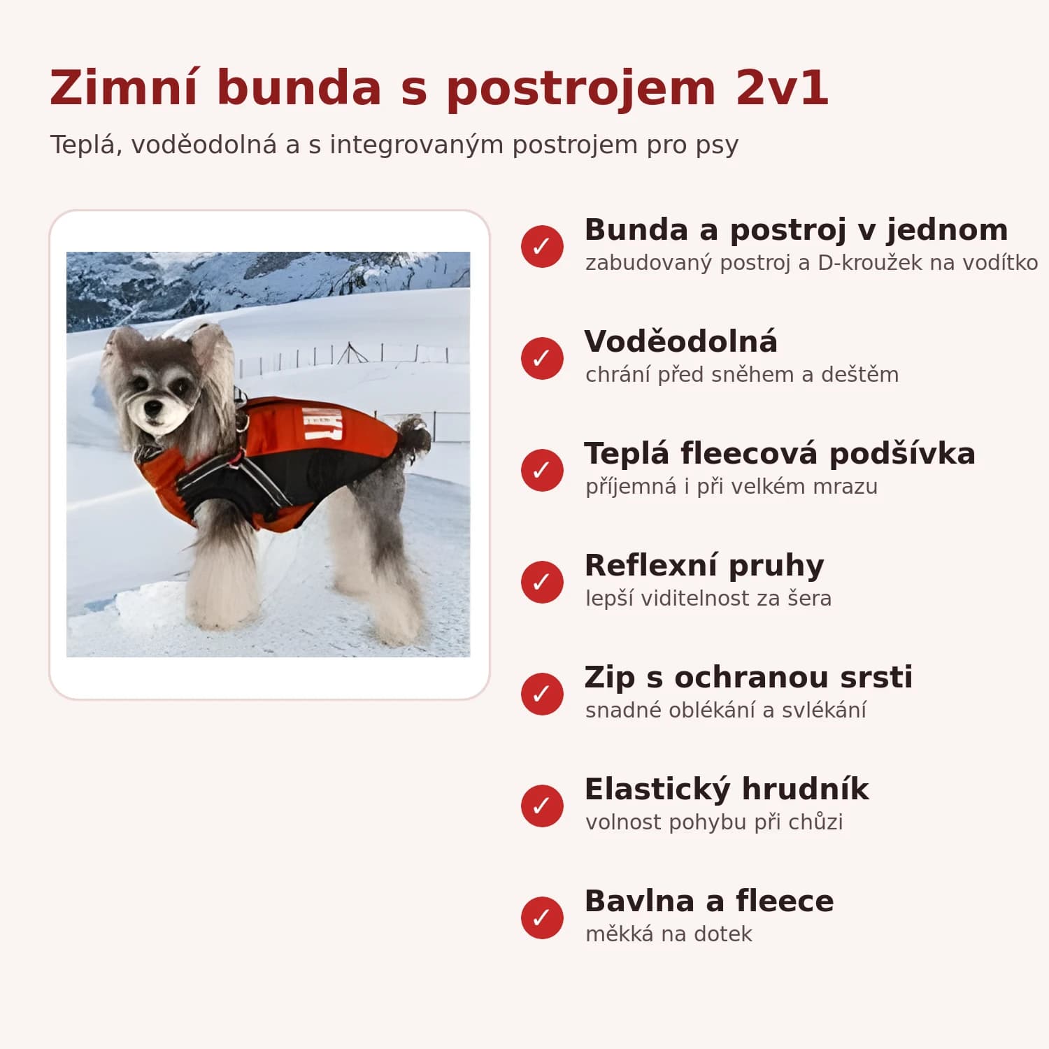 Vlastnosti zimní bundy pro psy s postrojem 2v1