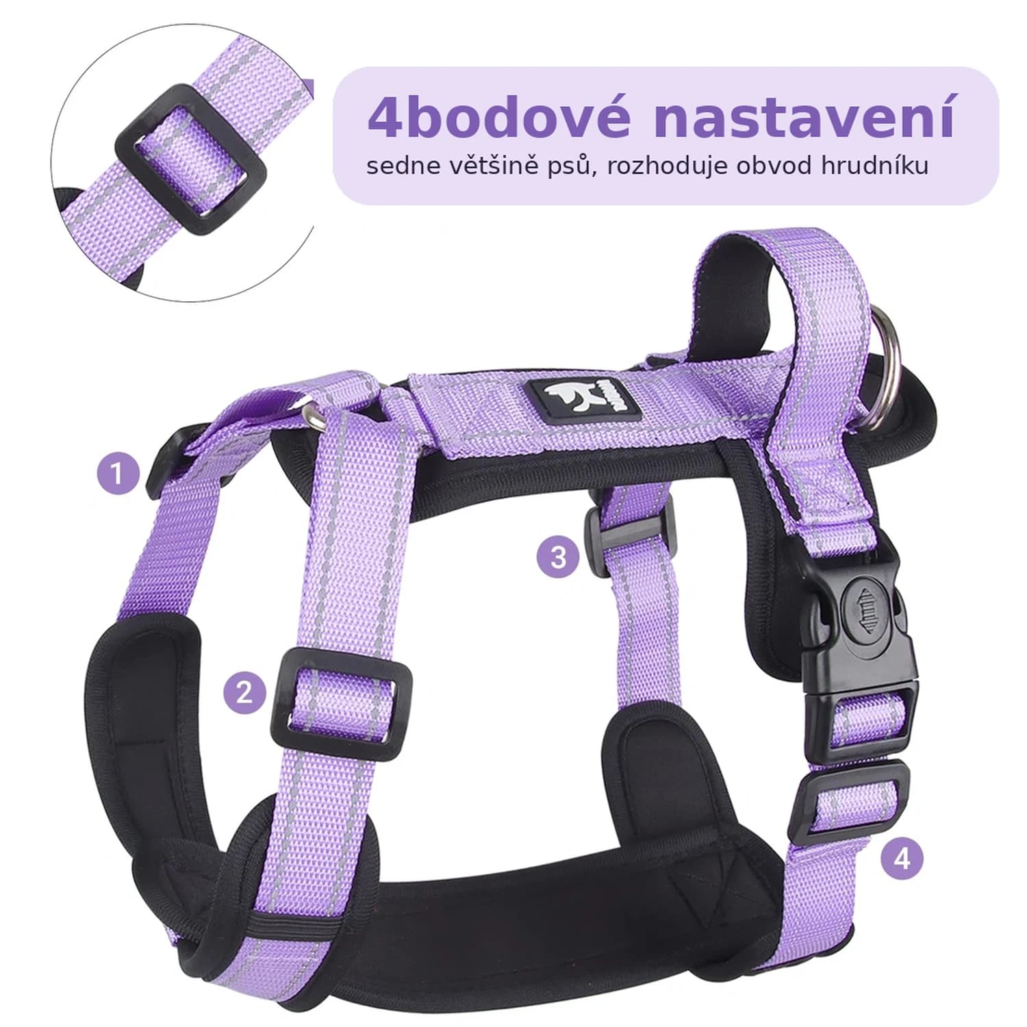 Fialový postroj LiebeDD – 4bodové nastavení popruhů, madlo a D-kroužek
