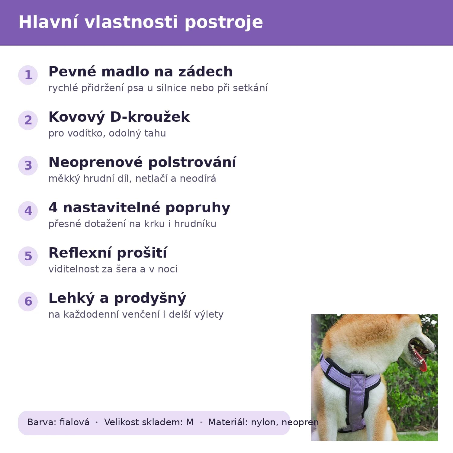 Hlavní vlastnosti postroje LiebeDD: madlo, D-kroužek, neopren, reflexní prošití