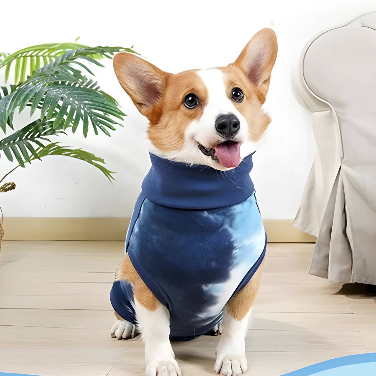 Corgi v modrém pooperačním overalu po kastraci, ochrana rány bez límce