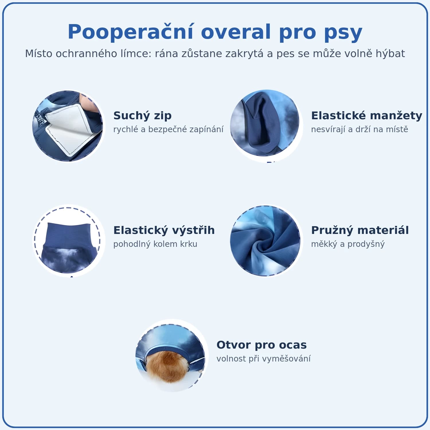 Vlastnosti pooperačního overalu pro psy: suchý zip, elastické manžety a výstřih