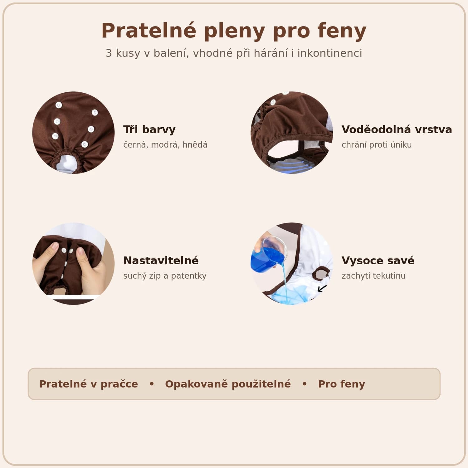 Vlastnosti pratelných plen pro feny: tři barvy, voděodolná vrstva, nastavitelné zapnutí