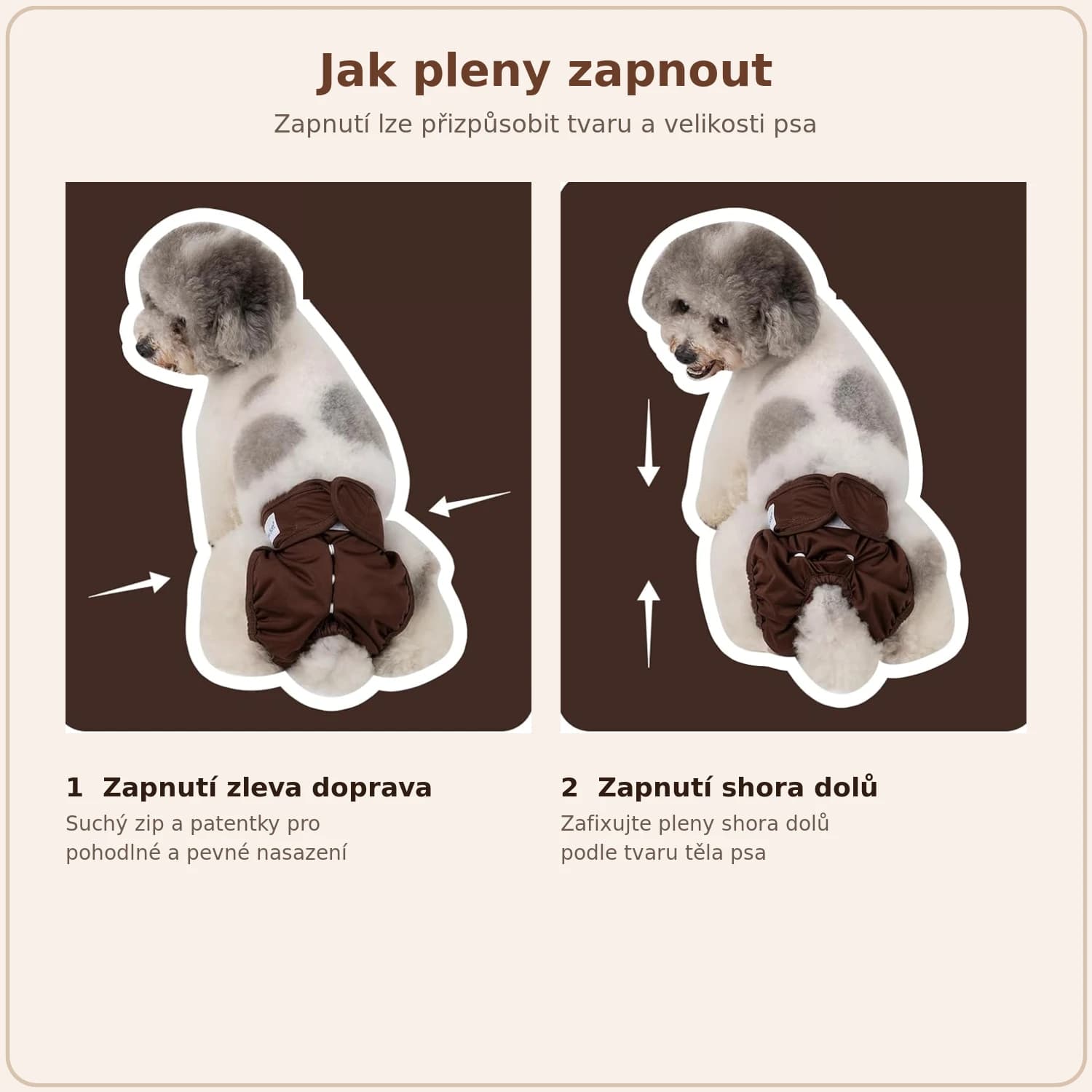Jak zapnout pratelné pleny pro feny, zleva doprava a shora dolů