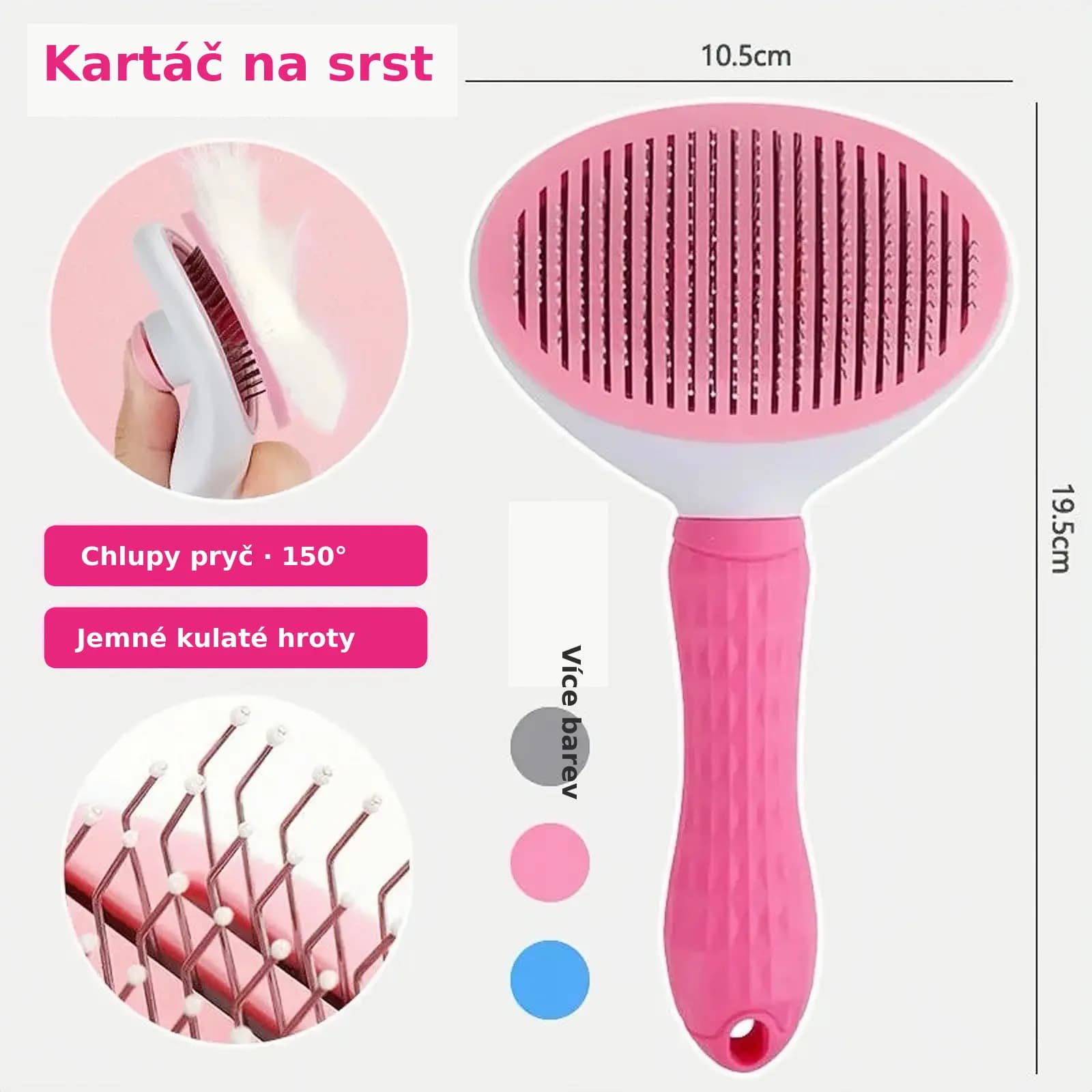 Samočisticí kartáč na srst pro psy a kočky s tlačítkem – Růžová