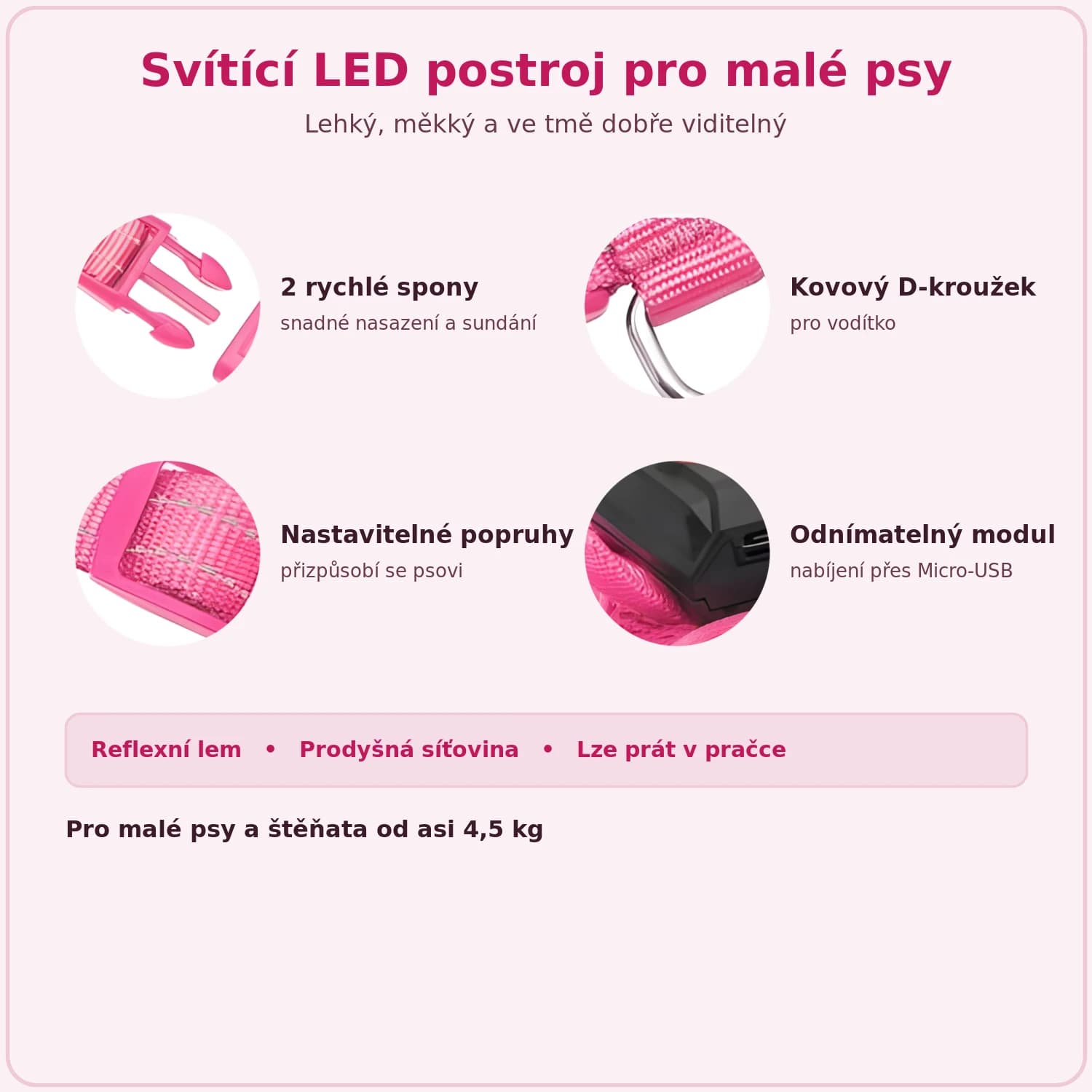 Vlastnosti svítícího LED postroje pro malé psy: spony, D-kroužek, nastavitelné popruhy