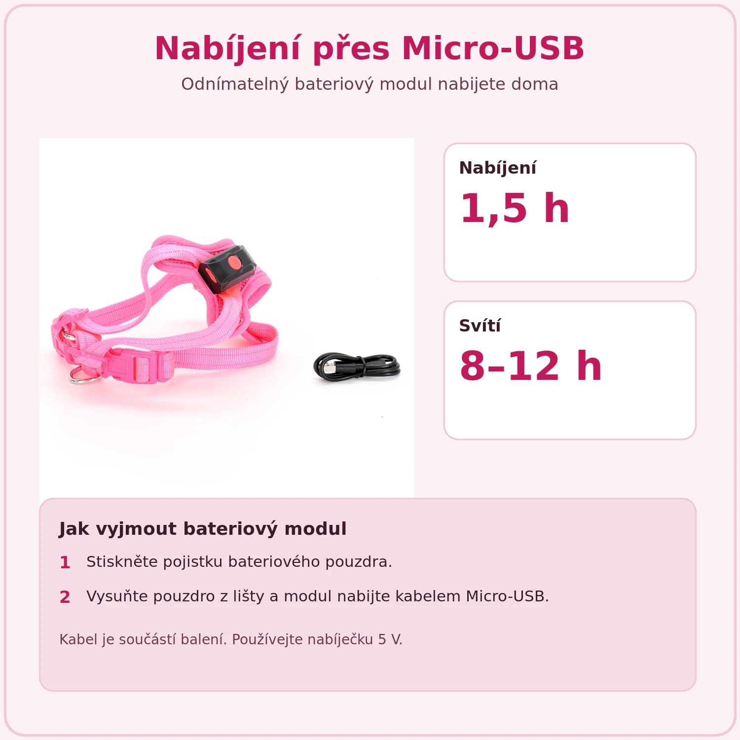 Nabíjení LED postroje přes Micro-USB: 1,5 h nabíjení, 8–12 h svícení
