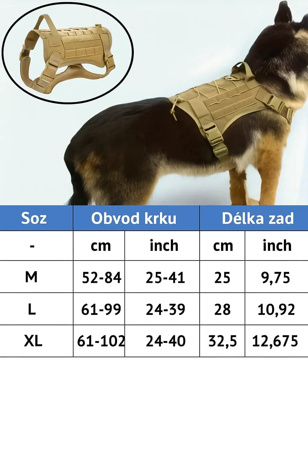 Taktický postroj pro velké psy s kovovými D-kroužky, M–XL