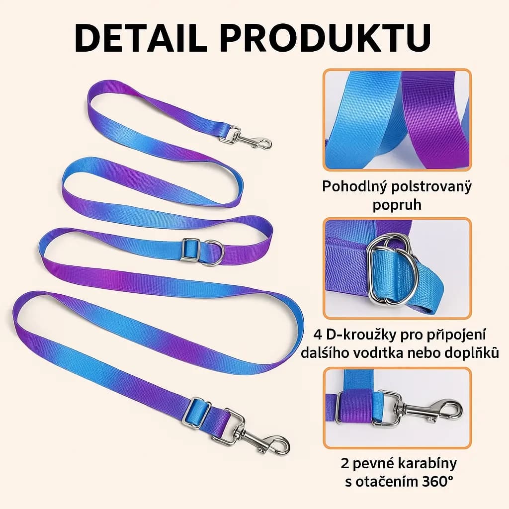 Hands-free vodítko pro psy s nastavitelnou délkou a 4 D-kroužky