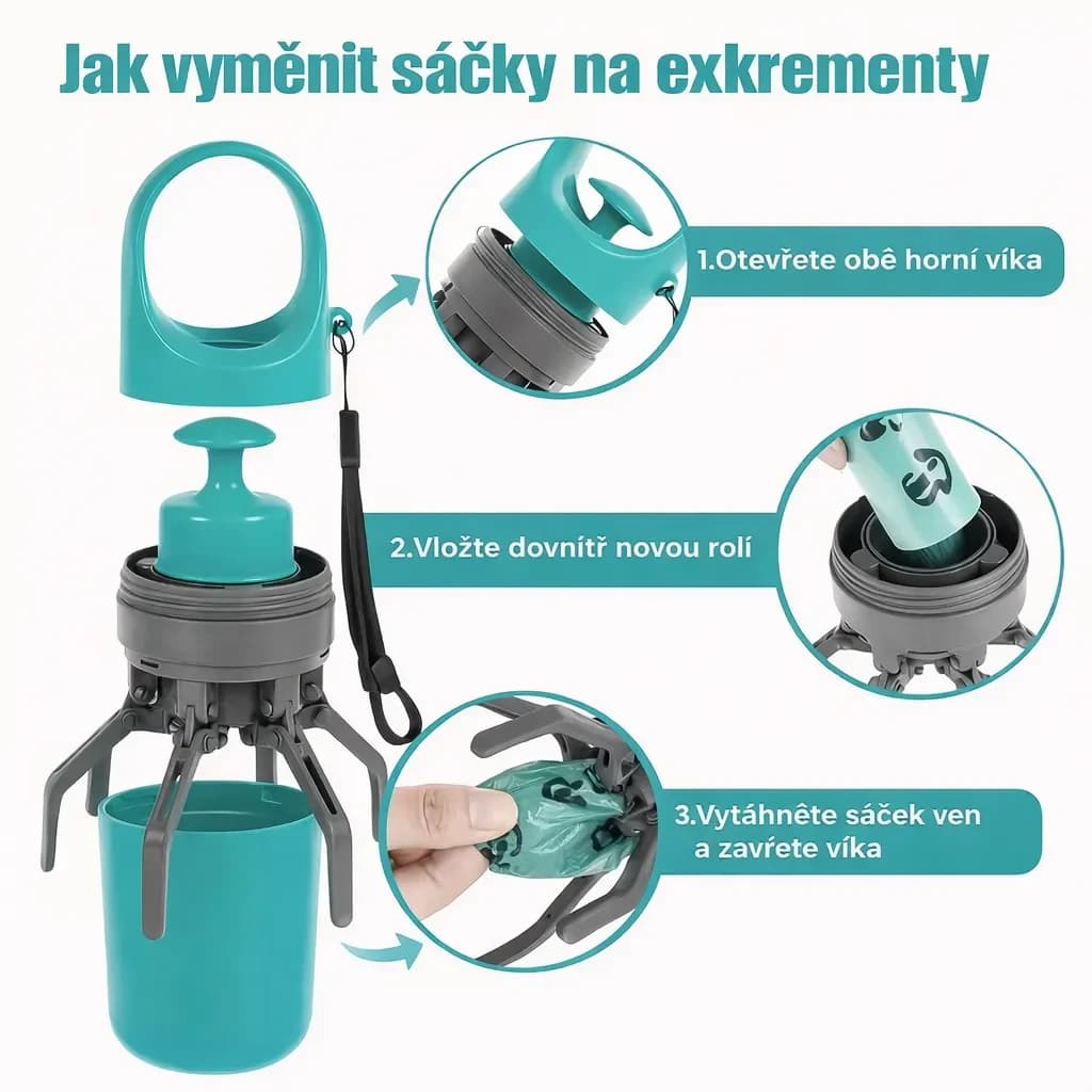Skládací sběrač psích exkrementů s dávkovačem sáčků