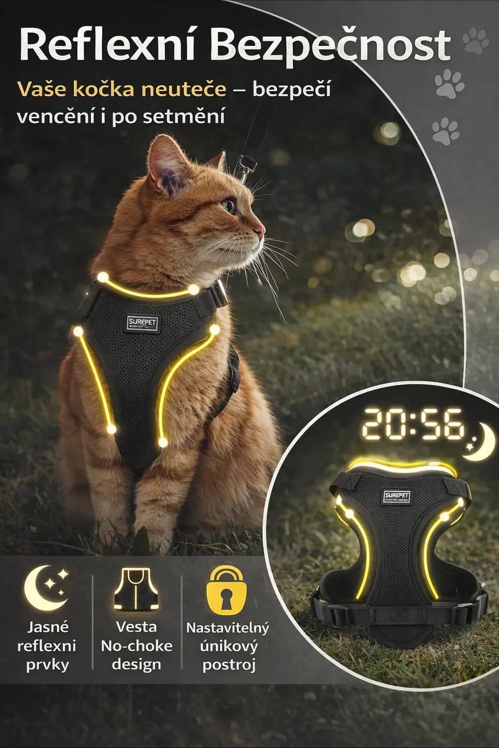Vestový postroj s vodítkem pro kočky, béžový, M
