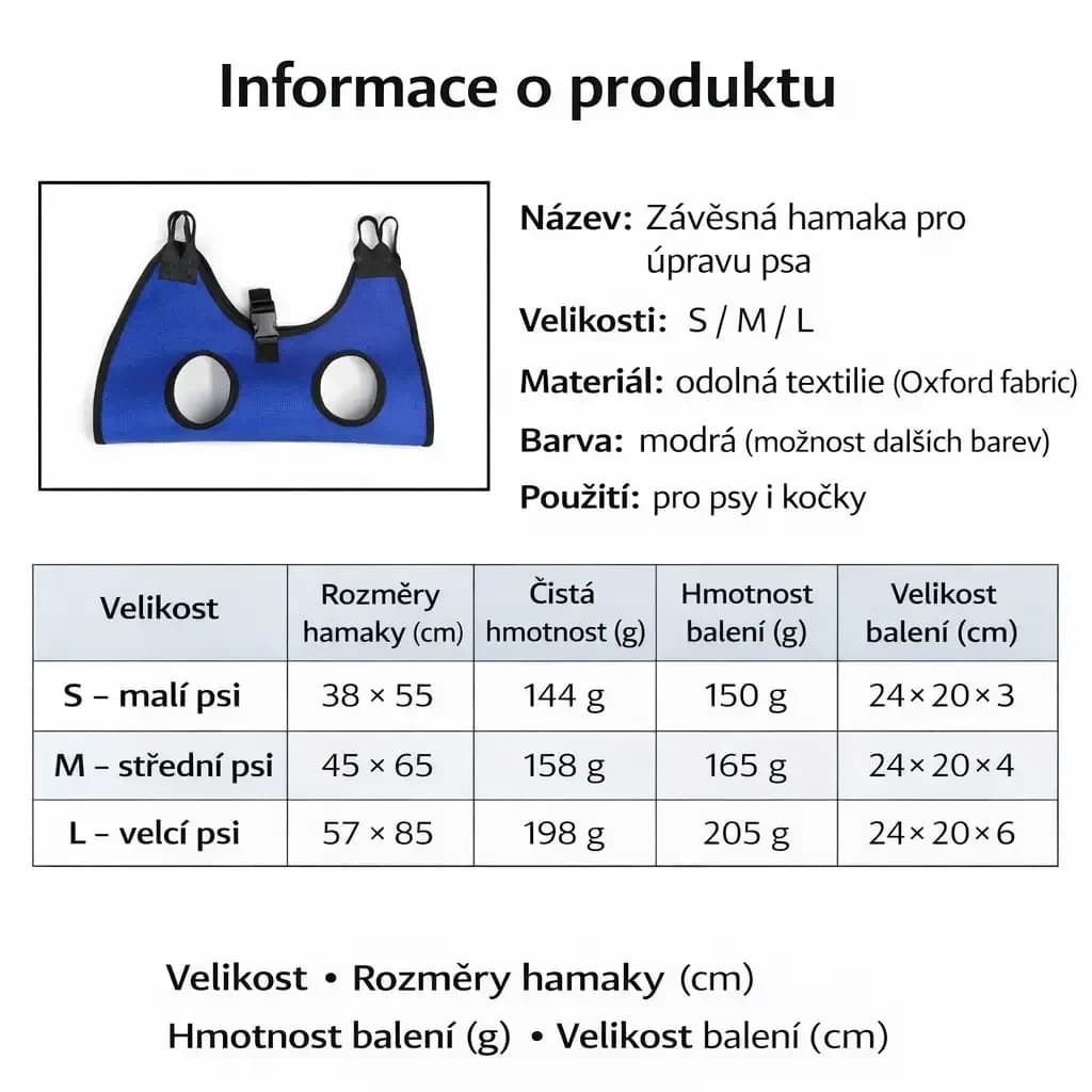 Závěsný hamak pro stříhání drápků a péči o psa, velikost S–L