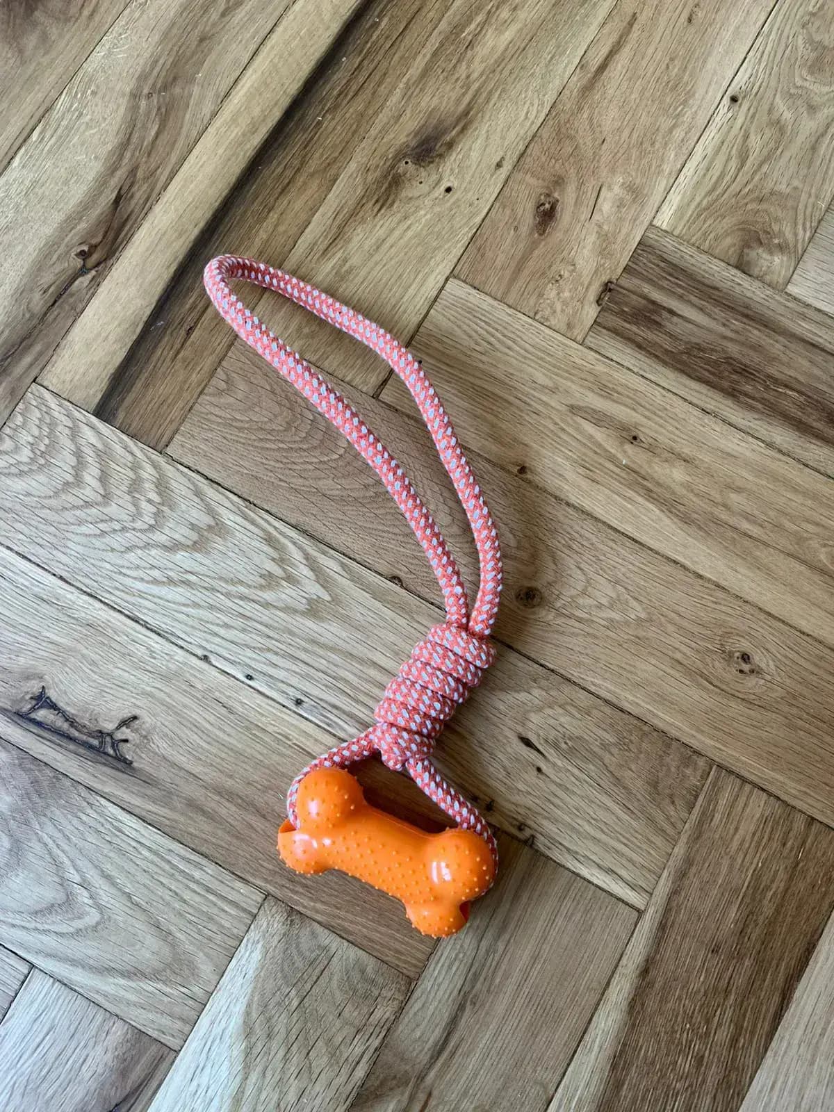 Přetahovadlo pro psy s gumovou kostí a lanem, 31 cm, oranžové