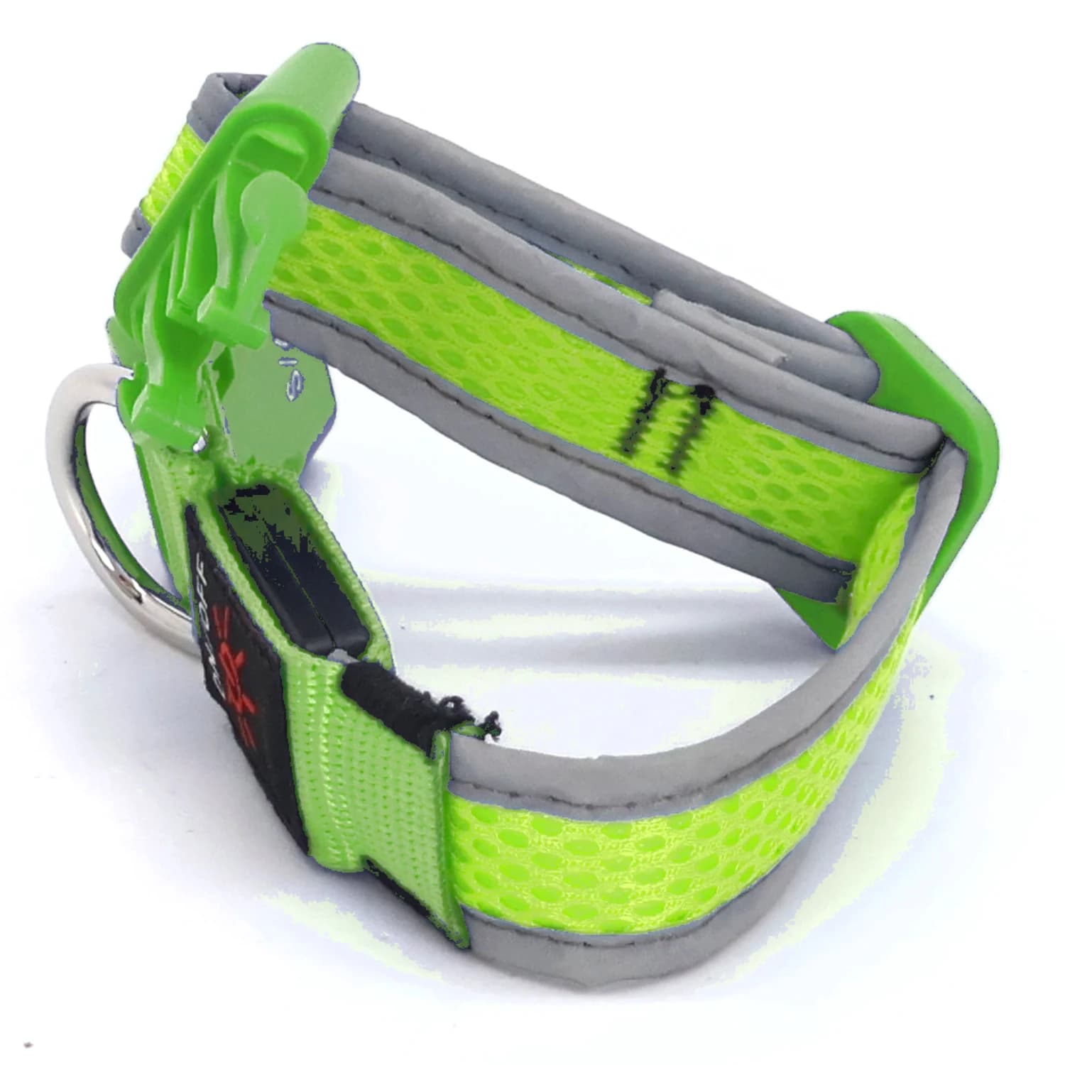 Detail zeleného LED obojku YFbrite, spona a D-kroužek