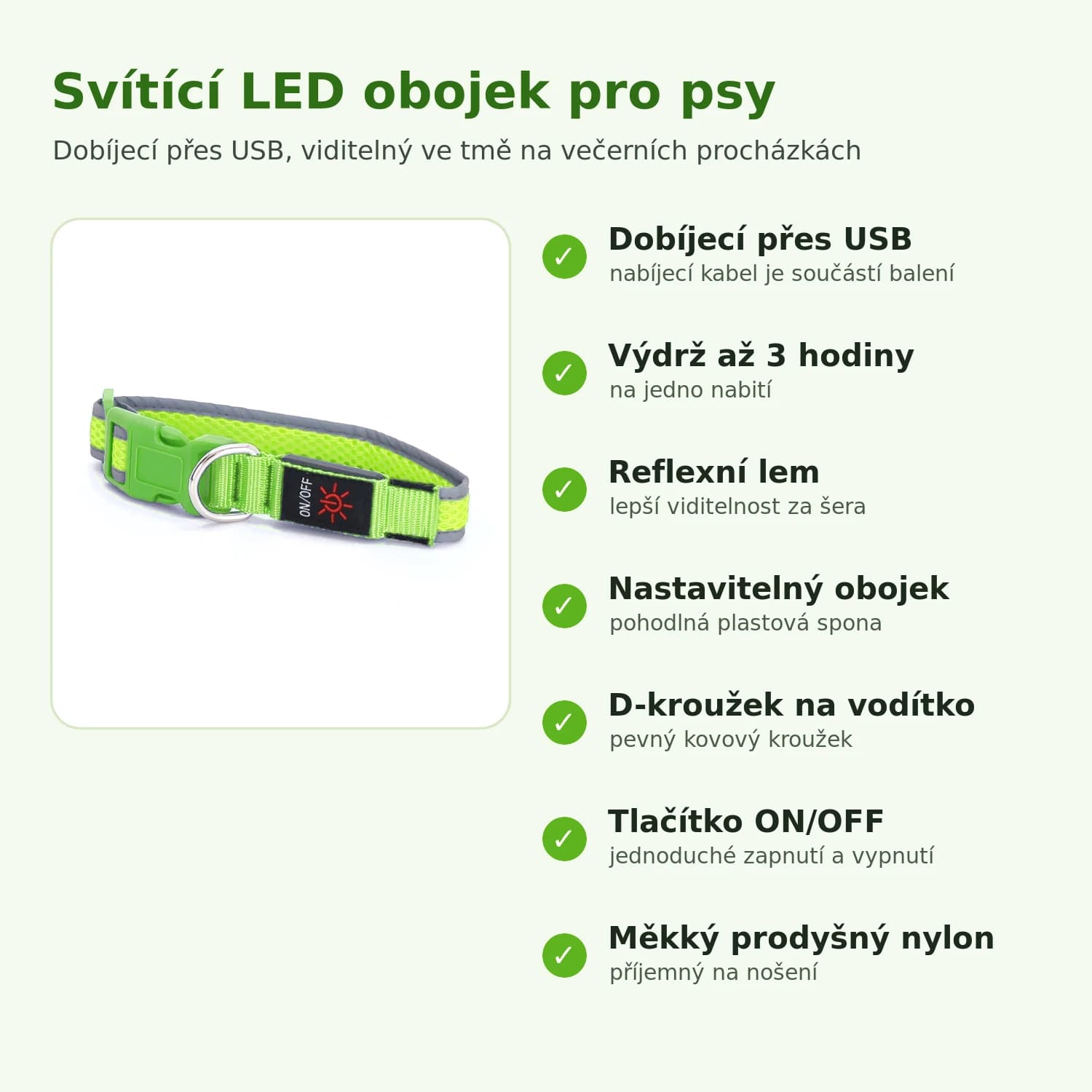 Vlastnosti svítícího LED obojku pro psy: USB, výdrž 3 hodiny, reflexní lem