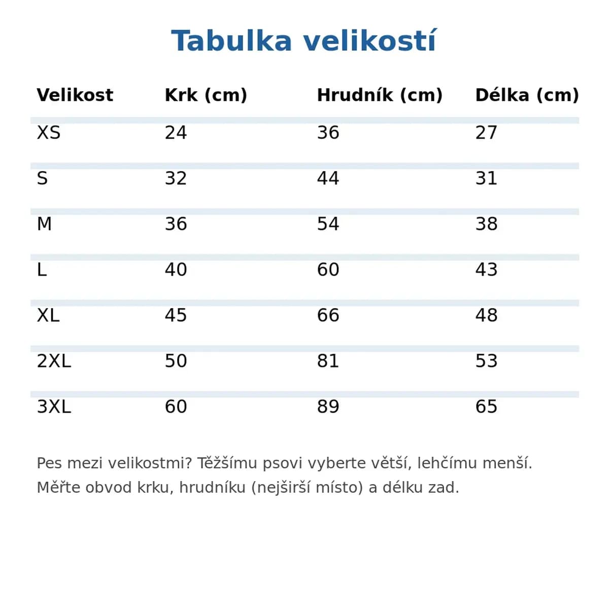 Tabulka velikostí chladicí vesty
