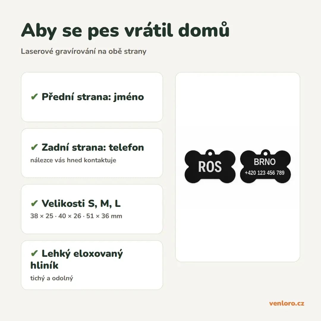 Psí známka ve tvaru kosti z hliníku s gravírováním, S–L – Aby se pes vrátil domů