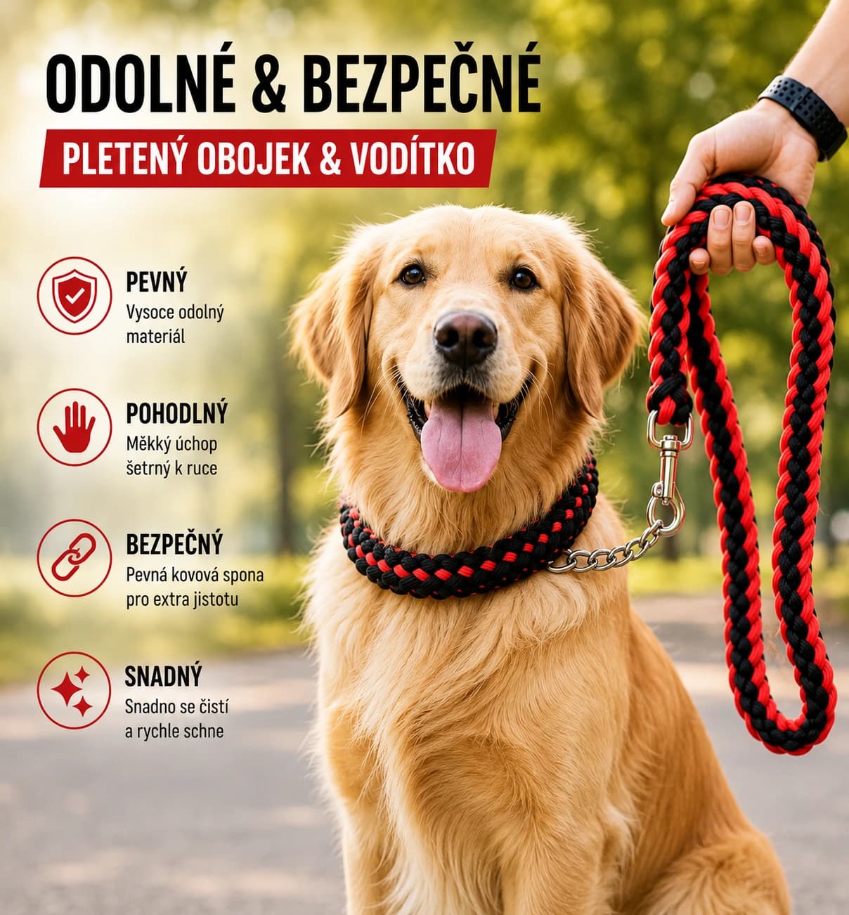 Pletené vodítko pre psov s kovovým sťahovacím obojkom